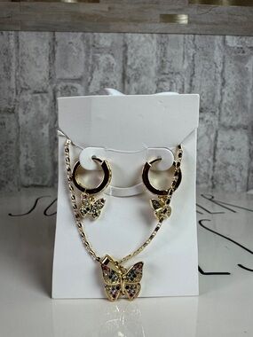 Gold Butterfly Hoop Earrings and Necklace Set - White Crystals, Gold plated